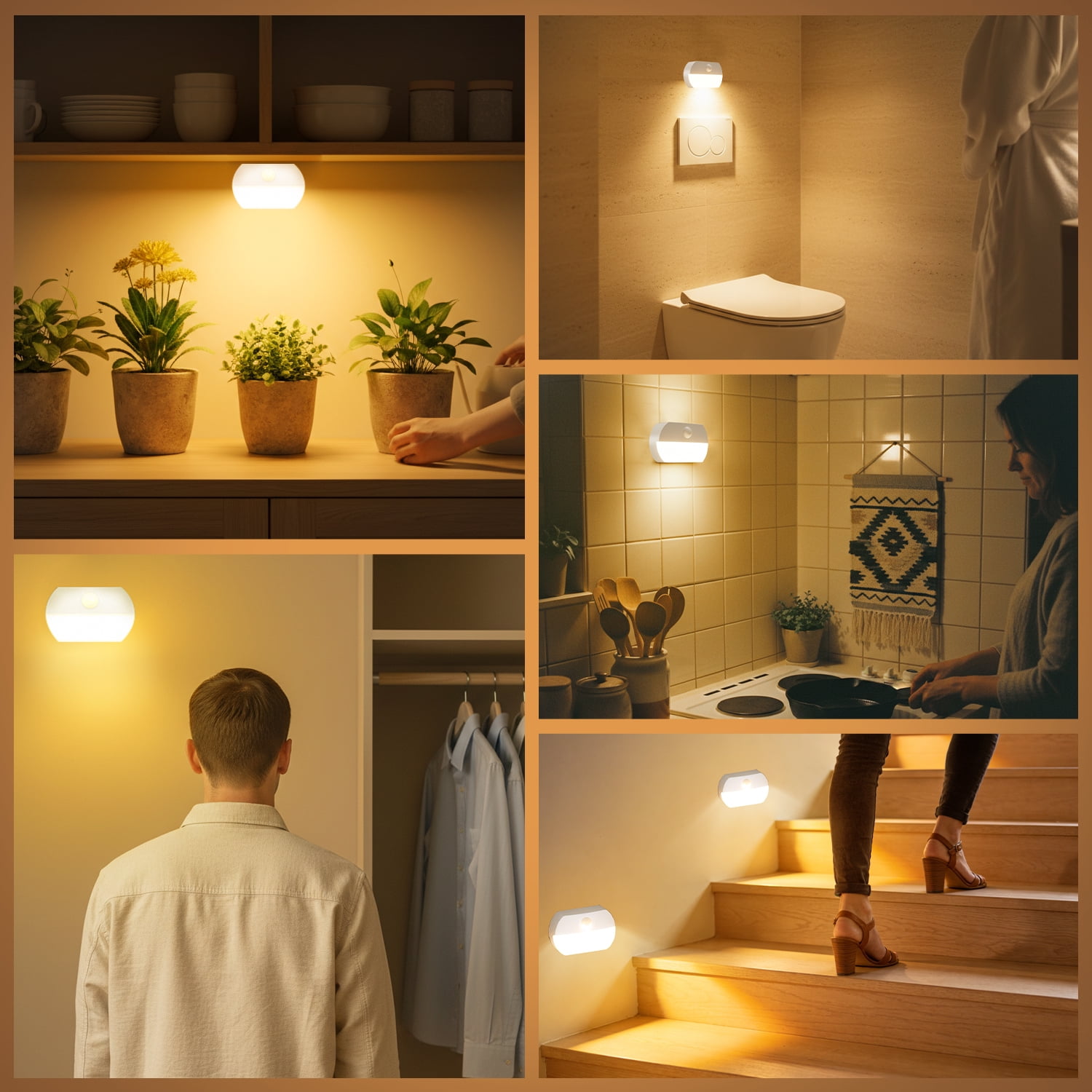DAYBETTER Motion Sensor Lights Indoor, Battery Operated Stair Lights, Warm White Stick on Anywhere Hallway Lamp, Portable Led Night Lights for Bedroom Under Cabinet Kitchen, 3 Pack