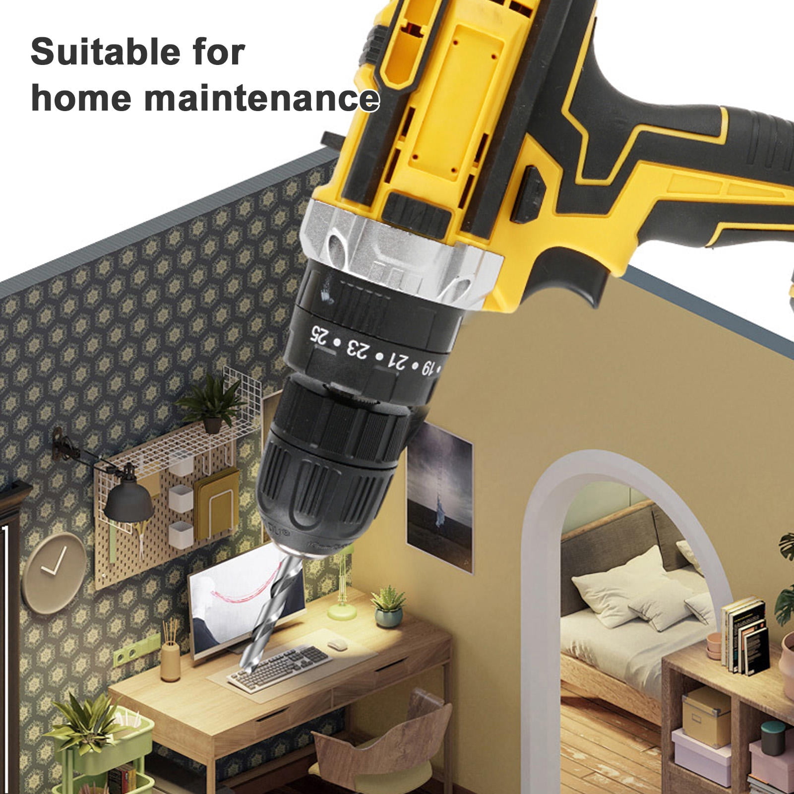 Rupoun Lithium Electric Drill Kit Cordless Driver Battery Powered Handheld Drill for Wood Steel Drilling with 2 Batteries and Case (11.8 inches / 30.0 cm)