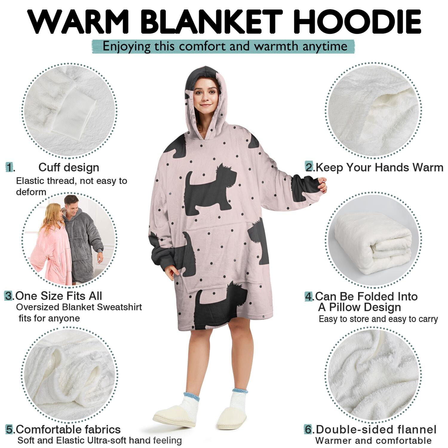 Scottish Terrier Wearable Oversized Blanket,Wearable Blanket Hoodie for Adults,Cozy Hooded Blankets with Super Pockets,Super Warm Fuzzy Pullover for Women & Men