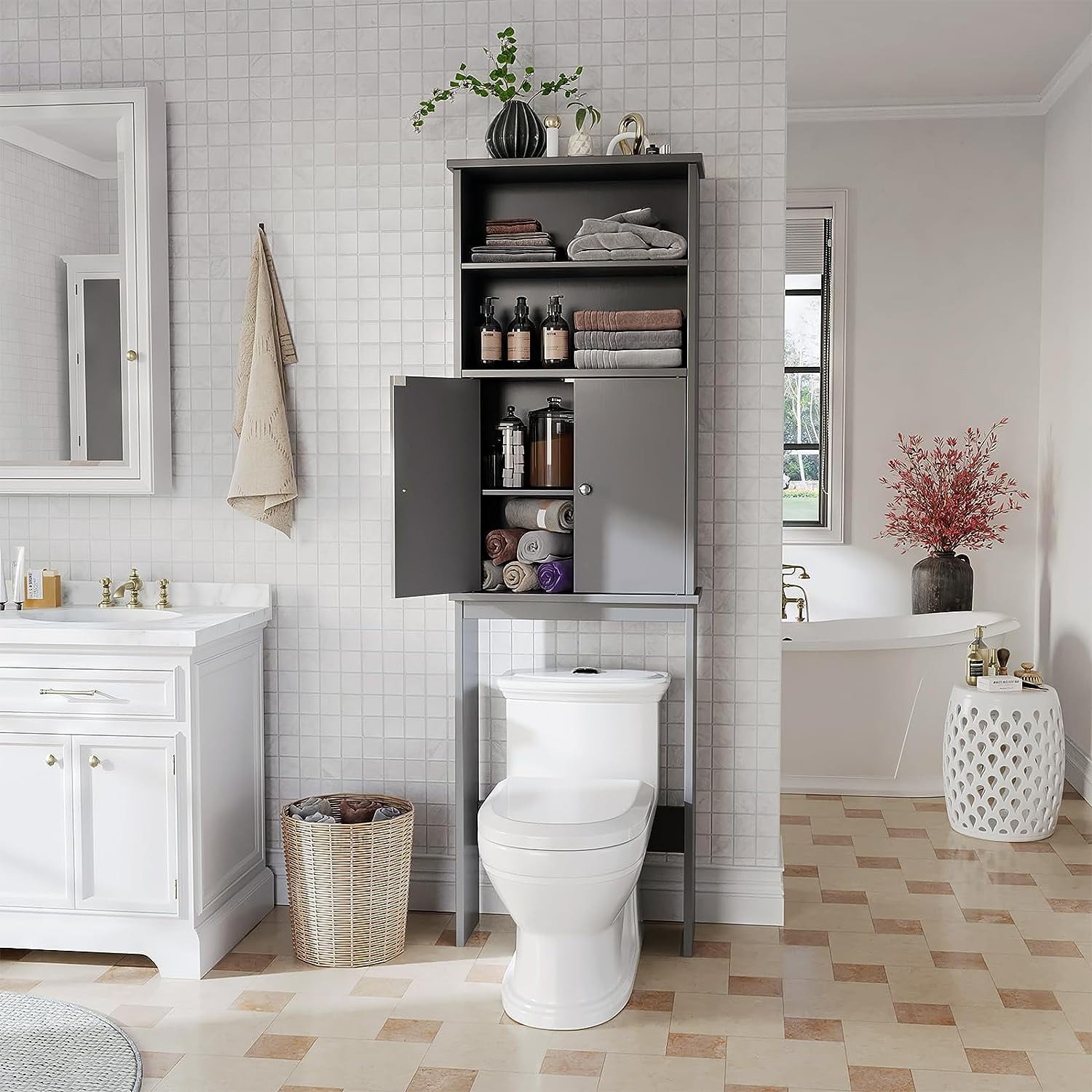 JessieMal Over the Toilet Storage Cabinet for Bathroom, 75in Over Toilet Cabinet Freestanding Storage Organizer, Space Saver with Doors and Adjustable Shelf, Grey