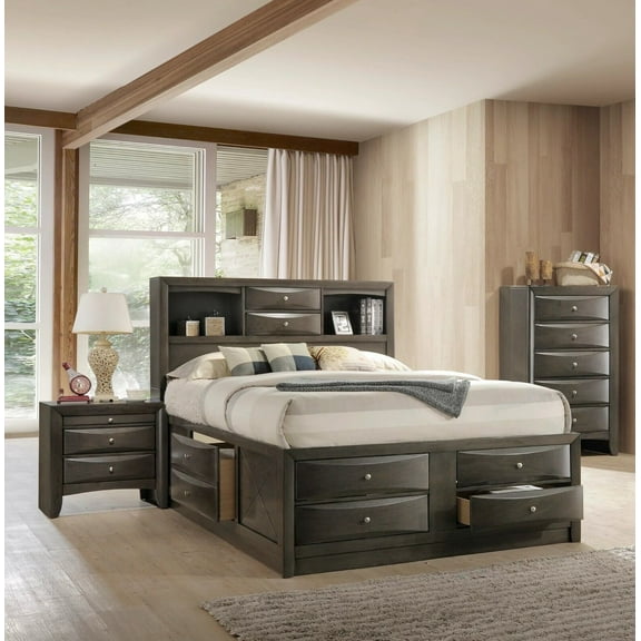 Contemporary Queen Size 3pc Bedroom Set Storage Bed Chest Nightstand Gray Finish Solid Wood Furniture