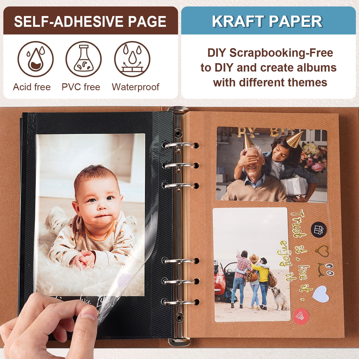 TJT 104 Pages Scrapbook Album, Self Adhesive Photo Album DIY Photo Book, Leather Memory Book for Wedding Baby Family Travel Birthday Christmas Blue
