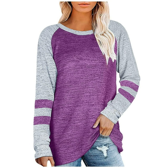 Hauts pour Femmes Manches Longues Femmes Décontracté Col Rond T-Shirt Imprimé Ample Patchwork Manches Longues Hauts Blouse Unie