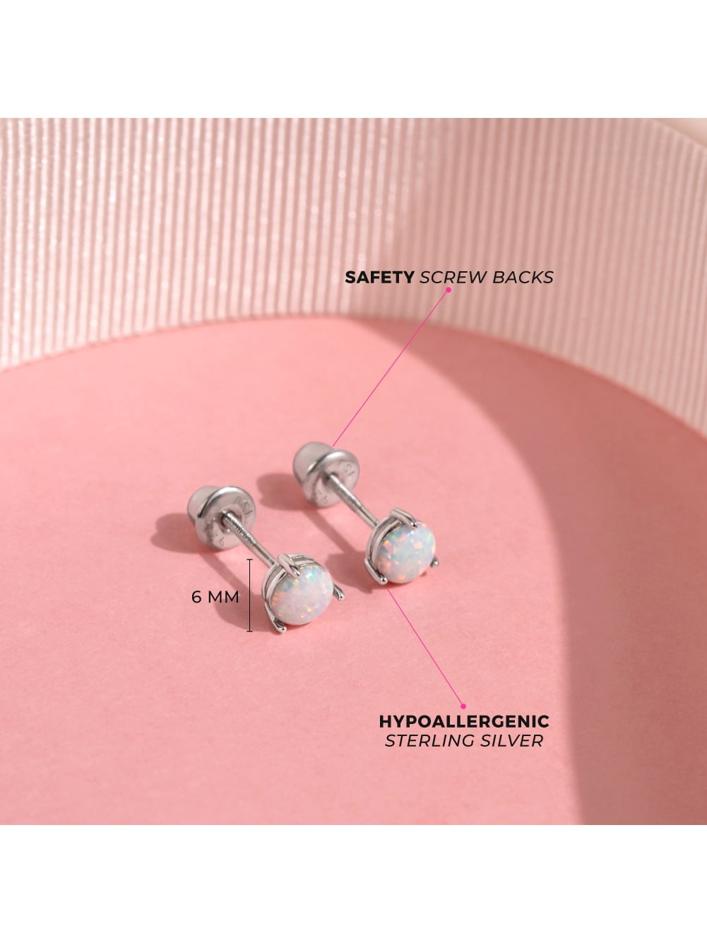 Opal Prong Kids / Children's / Girls Earrings Screw Back - Sterling Silver