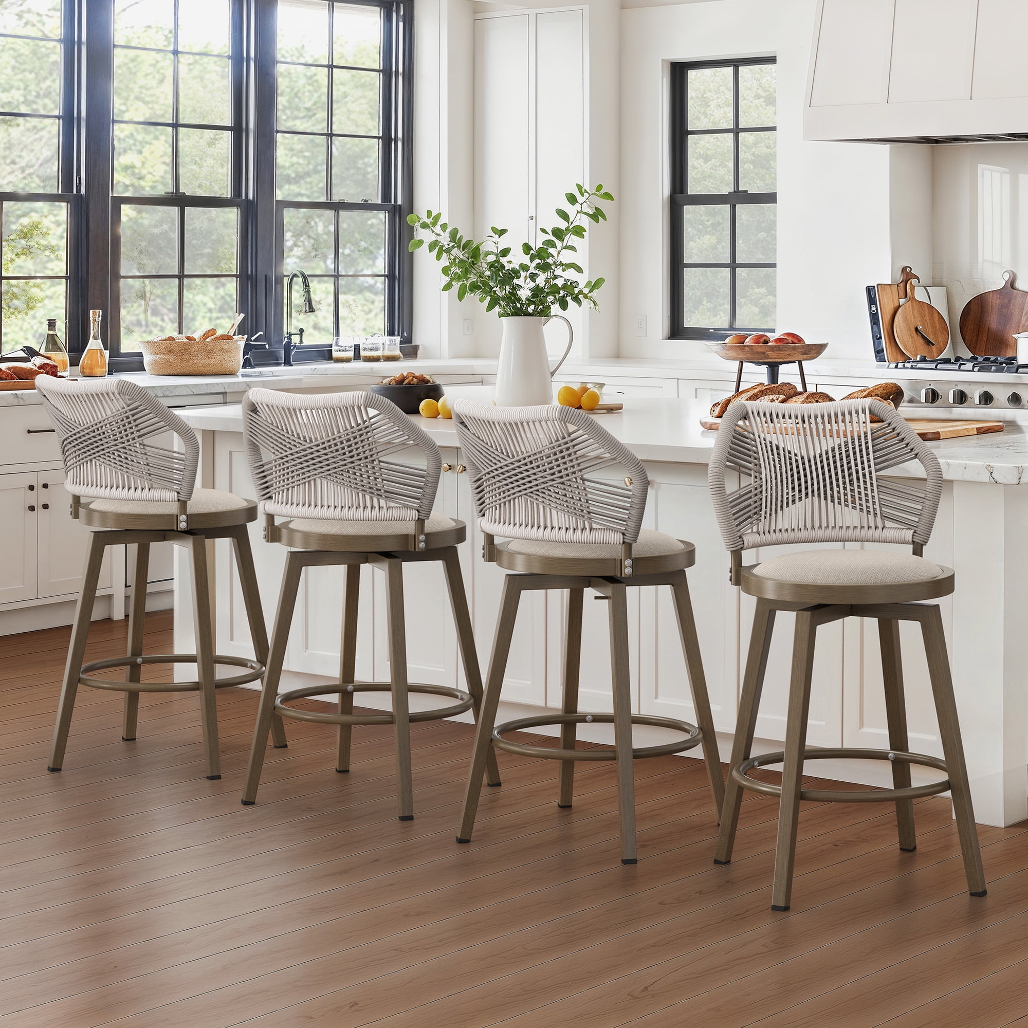 Dycanpo 26'' Swivel Bar Stools Set of 4, Counter Height Stools with Woven Backrest & Footrest, Beige