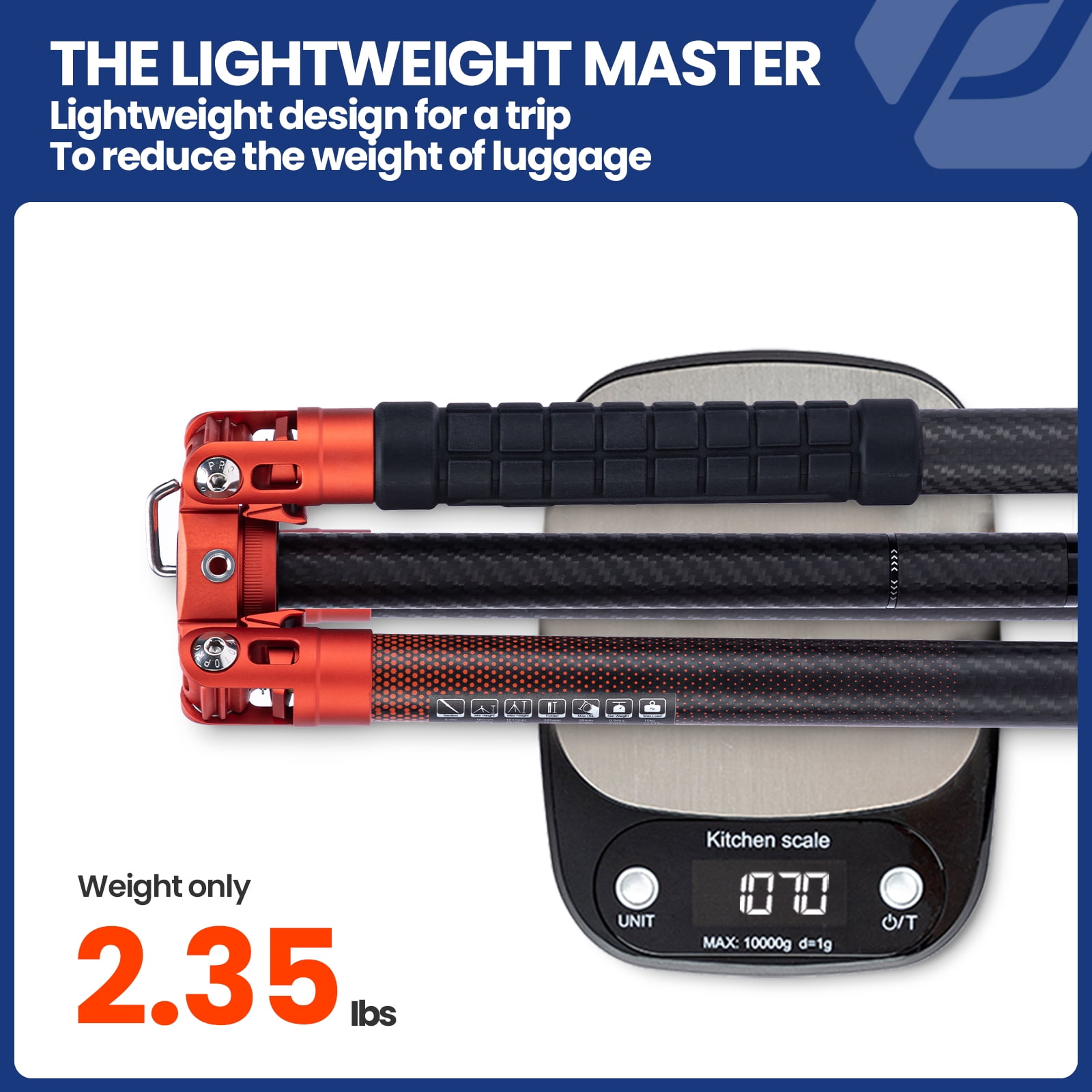 Fotopro X-Aircross 3 Video Tripod with Lightweight 3K Carbon Fiber Legs, Fast Locking System, and Two Section Center Column (Orange)