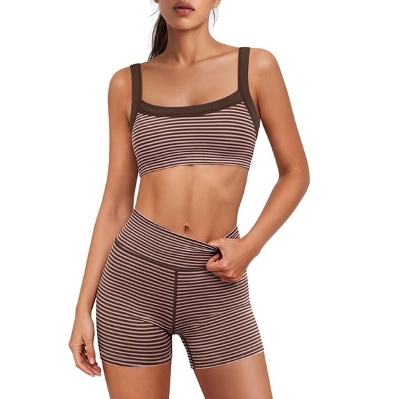GILIGEGE Women Striped 2 Piece Workout Outfit,Square Neck Padded Sports Bra High Waist Biker Shorts Set with Pockets,Buttery Soft Stretchy Yoga Sets for Running Training Athletic Activewear Coffee