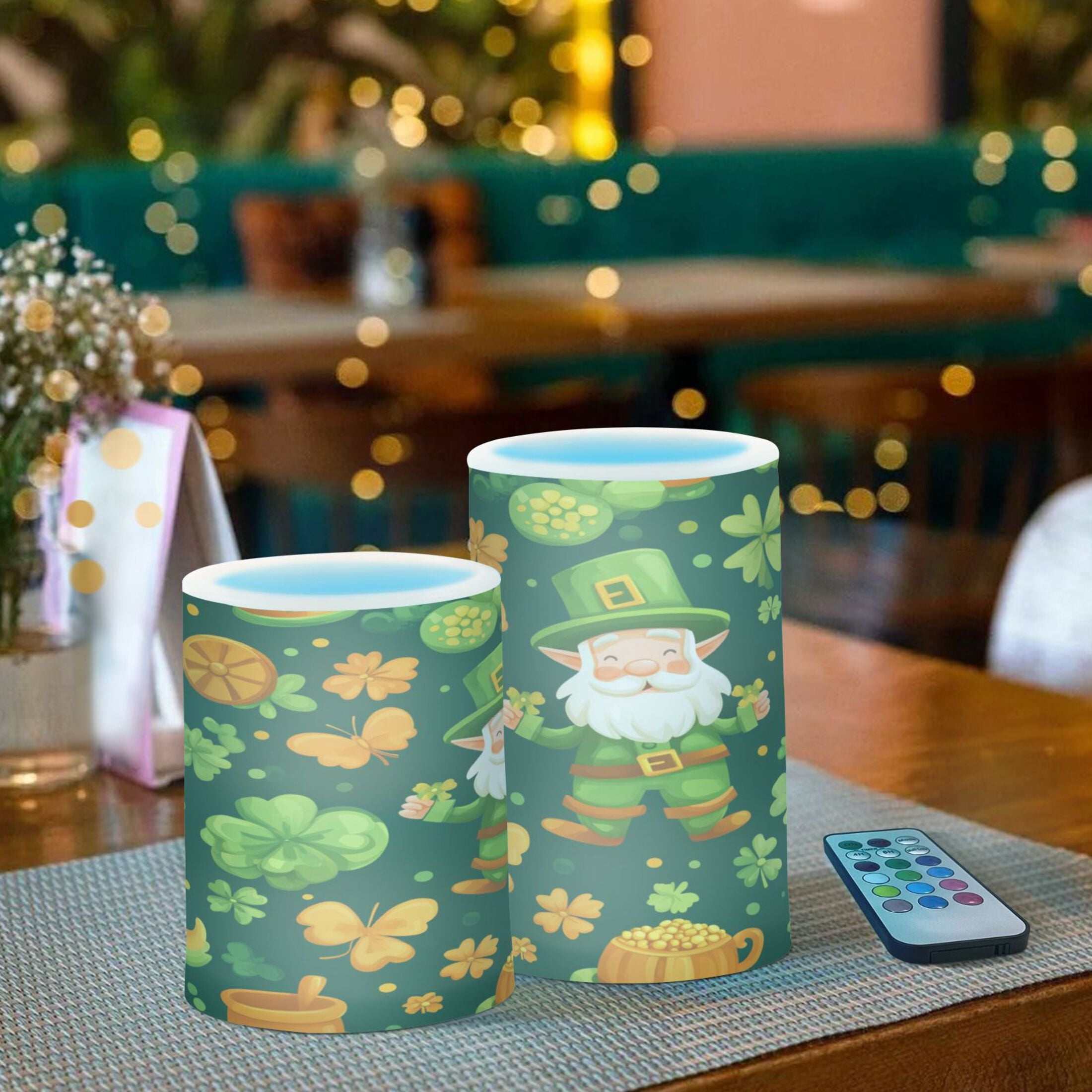 WOBOGO Size Combo Candle Flickering Flameless with Remote Control and Timer for Romantic Atmosphere St Patricks Pattern with Leprechaun and Shamrock