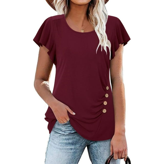 Fashnice T-shirt pour Femmes à Col Rond T-shirt à Manches Courtes Hauts d'Été Amples T-shirt de Travail Bordeaux 2TG