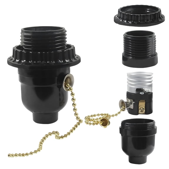 HIBIBUD 1 Pack E26 Threaded Lamp Socket Replacement with Pull Chain-Robust Aluminum Base Light Socket for Table Lamps,Floor Lamps&Fixtures,Includes Shade Ring for Quick Installation