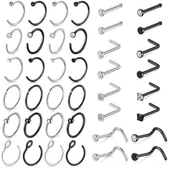 18G Nose Rings Hoop Nose Ring Surgical Stainless Steel Nose Rings Studs Screw L Shaped Nose Stud Nose Piercing Jewelry for Women Silver Black