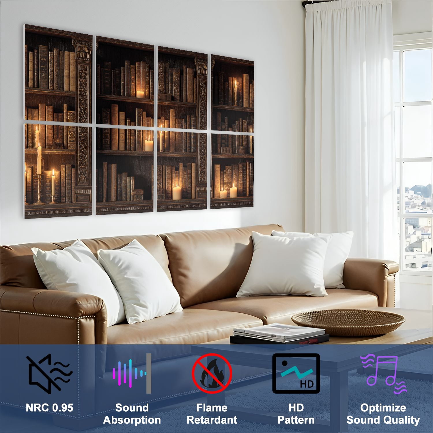 8 Pack Art Acoustic Panels Sound Absorbing Symmetrical Library Warm Glow Wood Decorative Soundproof Wall Panels Self Adhesive for Nursery Game Room Bedroom 48"x32"