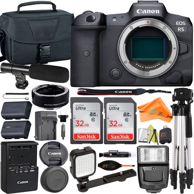 Canon EOS R5 Mirrorless Camera (Body Only) with Microphone + 2 Pack 32GB + Case + ZeeTech Accessory
