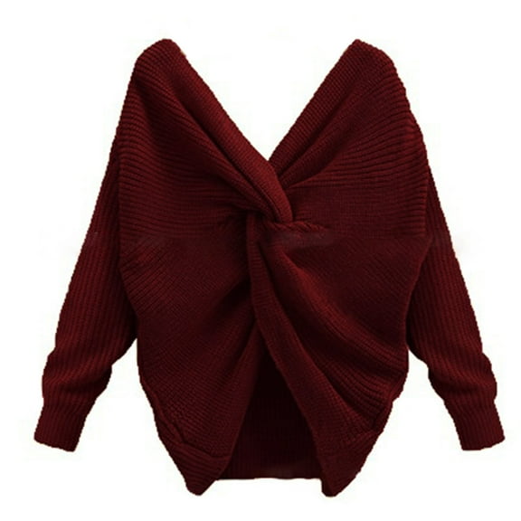 Aellinatey Women Batwing Long Sleeve Sweater Sexy V-Neck Criss for Cross Twisted Back Pullover Tops Solid Color Loose Knitted Jumpe