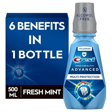 Crest Pro Health Advanced Alcohol Free Anticavity Fluoride Mouthwash Extra Deep Clean Fresh Mint Contains CPC (cetylpyridinium chloride) Inactive Ingredient, 500 mL ( 16.9 fl oz)