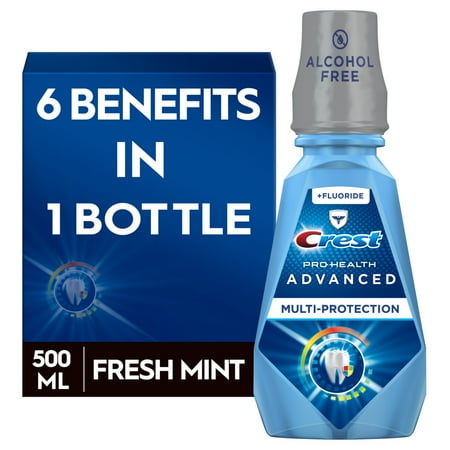 Crest Pro Health Advanced Alcohol Free Anticavity Fluoride Mouthwash Extra Deep Clean Fresh Mint Contains CPC (cetylpyridinium chloride) Inactive Ingredient, 500 mL ( 16.9 fl oz)