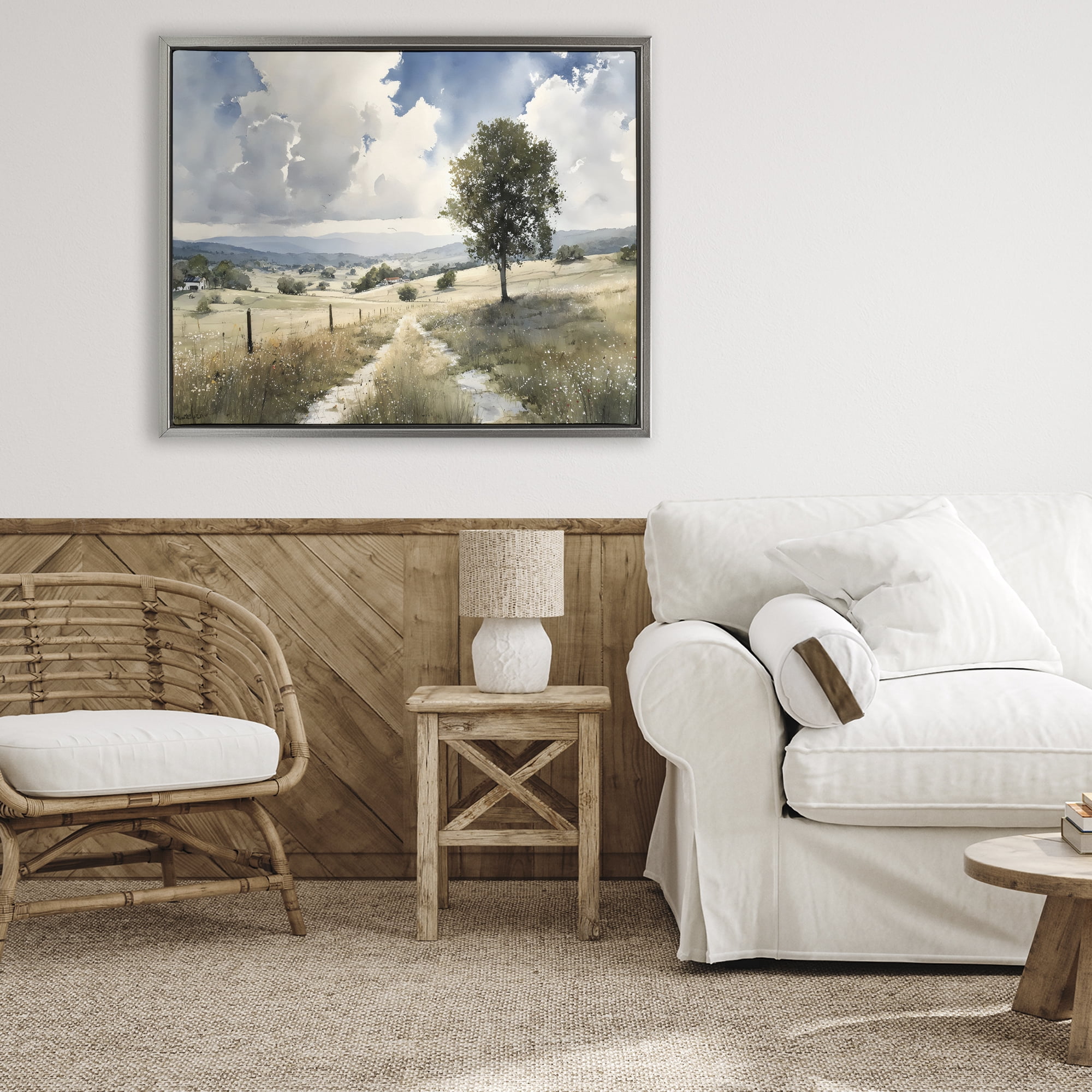 Stupell Industries Wagon Road Through Meadow Gray Framed Floater Canvas Wall Art, design by Franklyn Gregory