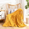 thumbnail image 3 of Ultra Plush Oversized Queen Fleece Blanket 90x90 Inch, Yellow Pompom Fringe Flannel Throw, 3 of 9