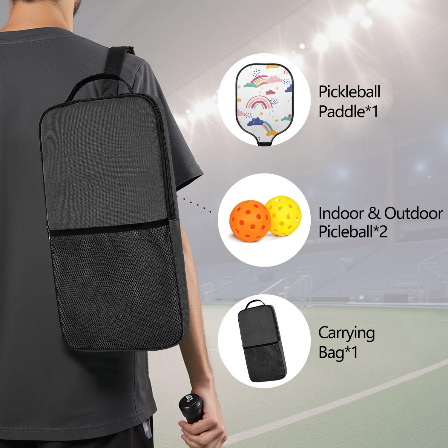 Pickleball Paddles Set Of 1, Fiberglass Surface, Vibrant Rainbow Print, 1 Paddle, 2 Balls & Bag