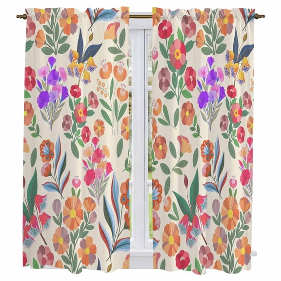 Watercolor Floral Kitchen Curtains 63 Inch Length, Retro Botanical Flowers Leaves Spring Beige Tiers Curtains for Living Room Berdoom, Light Filtering Drapes Window Treatment 2 Panels 42"Wx63"L