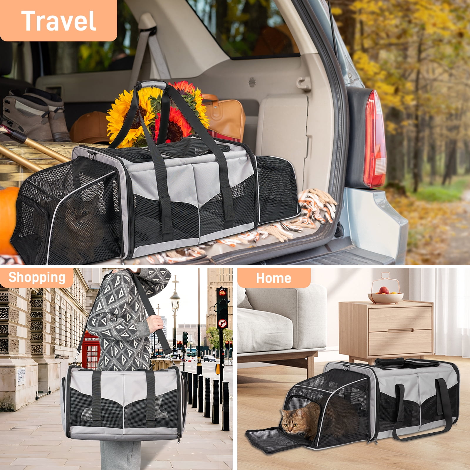 LitaiL Cat Carrier for 2 Cats, 2-in-1 Double Pet Carrier with 2 Litter Boxes, Portable Soft Sided Dog Carrier for Traveling, Gray