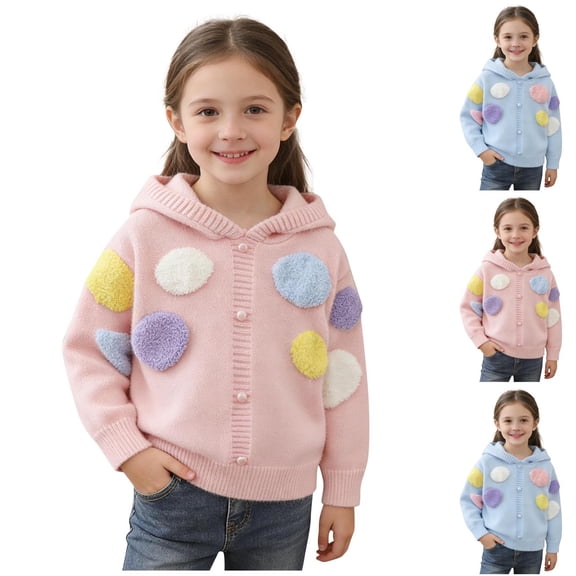 Zpanxa Girls Colorful Fuzzy Polka Dot Hooded Zip Up Cardigan Sweater Button Front Long Sleeve Casual Outerwear Sweaters for Girls