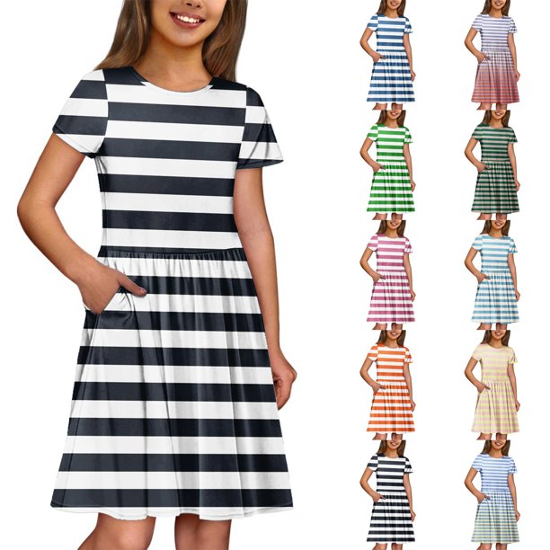 Girls Summer Sundress Cute Striped Casual Dress with Short Sleeves and Pockets Perfect for Summer and Everyday Wear ,Sie:120