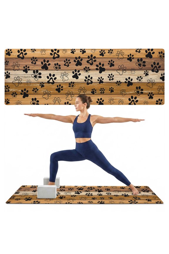 Yoga Mat Dog Paw Print Yoga Mats with Strap & Shortage Bag Non Slip Workout Mats Absorbent Cushion Pad Retro Brown Yellow Wood Grain Exercise Mat for Yoga Pilates Stretching Home Gym 68"x24"