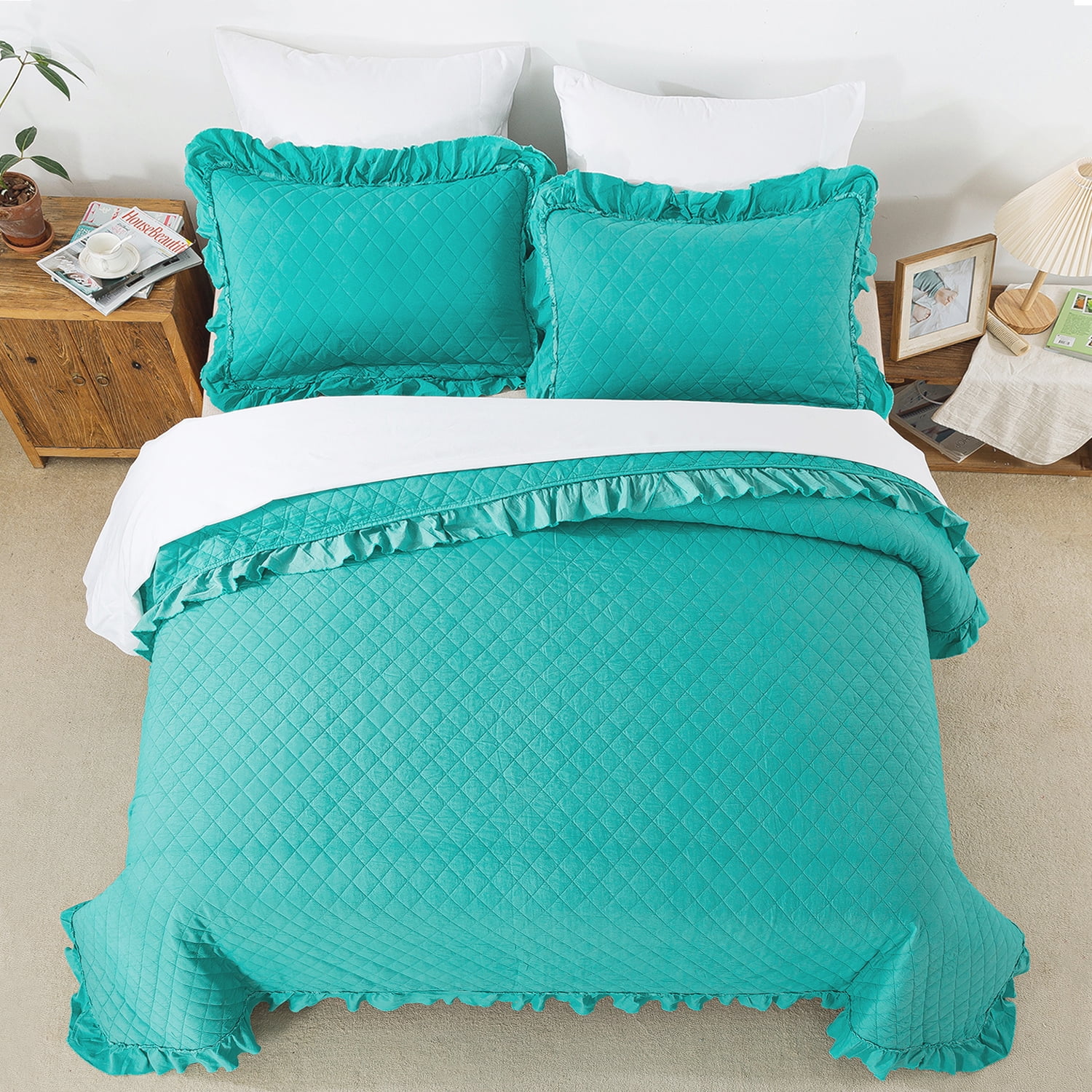 JML 3 Piece Quilt Set Queen Size,Ruffle Stone Washed Microfiber