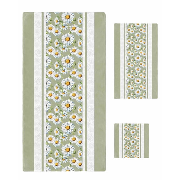 Sage Green Daisy Towel Set of 3, Soft Microfiber Bath Towels, Hand Towel, Washcloths, Farmhouse Floral Green Striped Quick-Dry Absorbent Towels for Bathroom Kitchen Hotel Beach Gym Spa