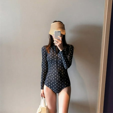 Sexy Slim Fashion Print Sheath Swimwear 2019 Women Long Sleeve Zipper One-Piece Swimsuit Elastic Triangle Black Beach Wear