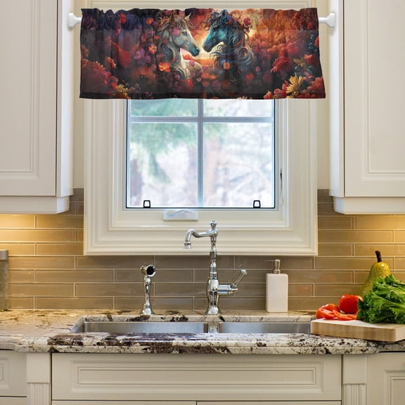 Horses Flowers Clouds Dark Curtain Valances Farmhouse Design Window Treatment Decor Blackout Rod Pocket for Windows Living Room Kitchen 54" x 18"