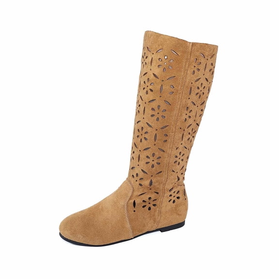 Mid Calf Boots With Cutout Design Low Heel Retro Boots Color: Khaki Size: 41