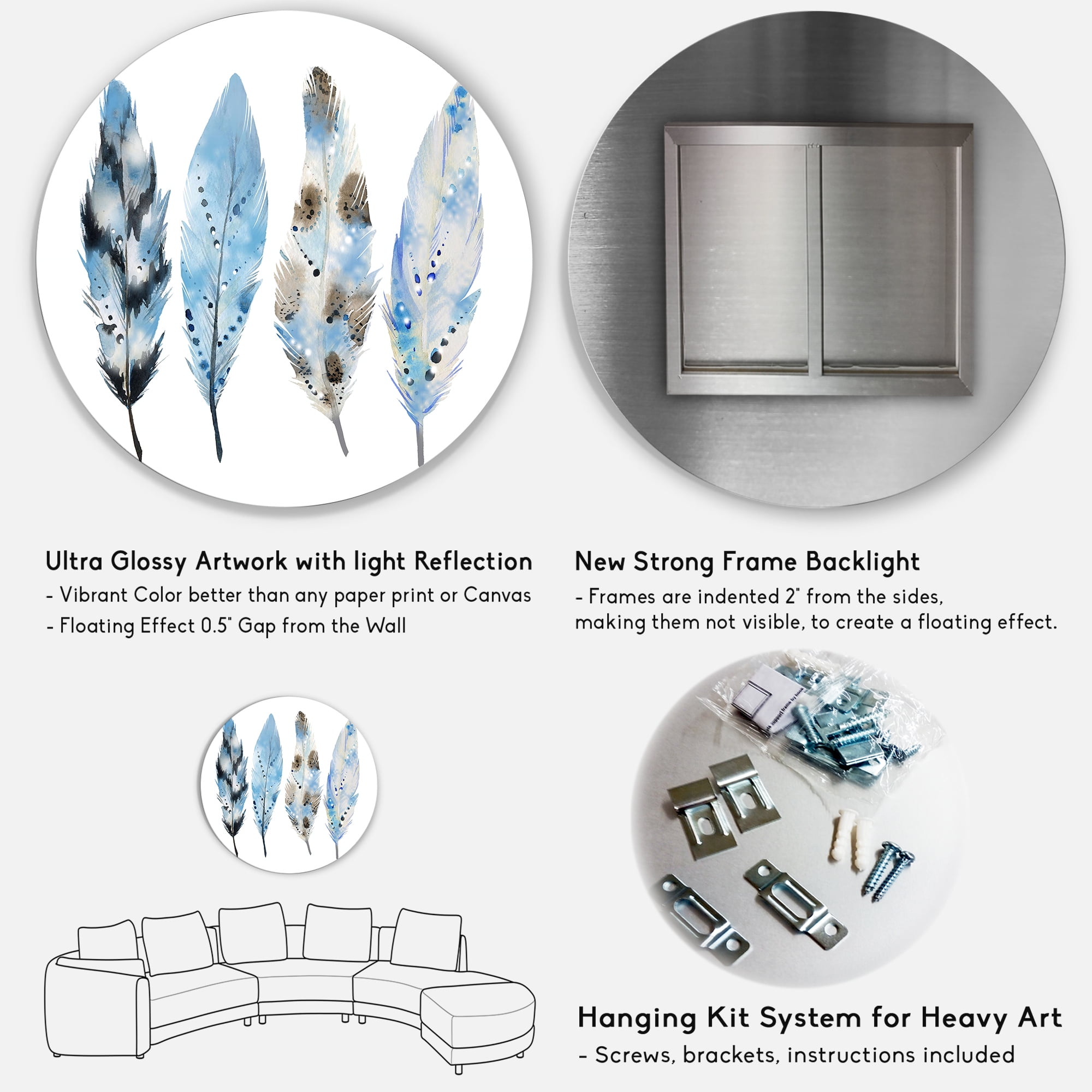 Designart 'Abstract Blue Boho Feathers I' Bohemian & Eclectic Circle Metal Wall Art 36x36 - Disc of 36