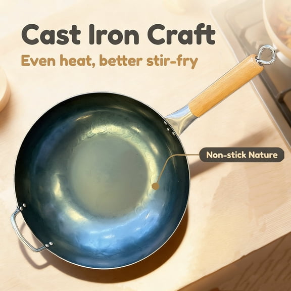 Home Kitchen Wok, Stir Fry Skillet for Home Use with Uncoated Pure Iron and Wood Handles Design, Nonstick, 13.5inches