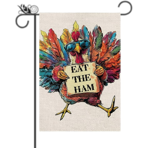 Thanksgiving Garden Flag Fall Eat The Ham Vertical Burlap Double Sided Yard Welcome Flag for Festival Outdoor Outside Patio Lawn Home Seasonal Autumn Turkey Decorations Gifts 12.5x18 Inch