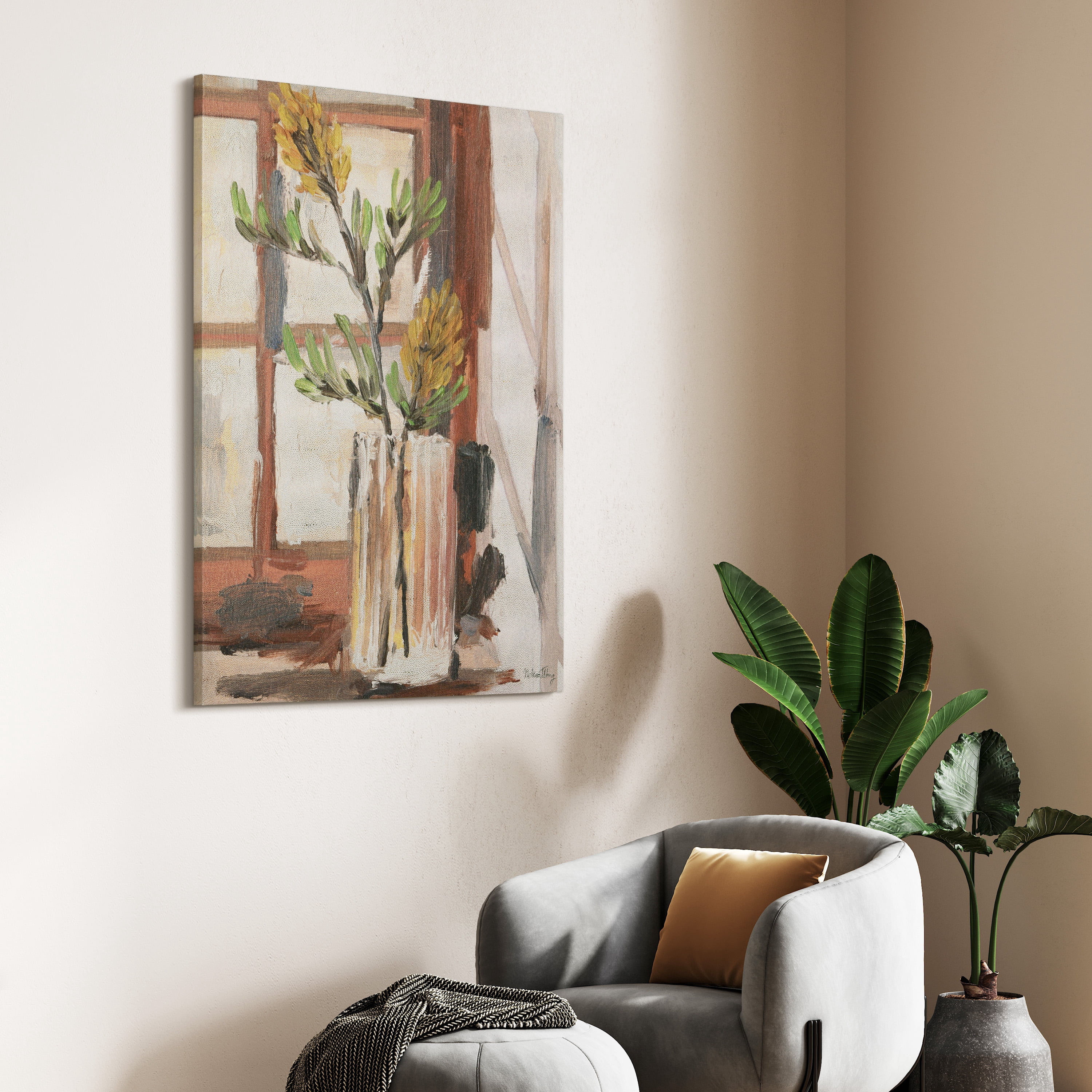 Timeless Serenity II" Vase by the Window onon Gold Metallic Shagreen Wrapped Canvas Wall Art, sized 48"x36"