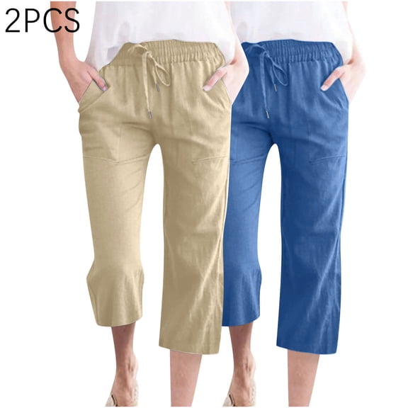 Qzwdhjm Womens 2 Packs Cotton Linen Capri Pants Solid Straight Leg Capris Drawstring Elastic Waist Outdoor Trousers for Lounge Vacation with Pocket