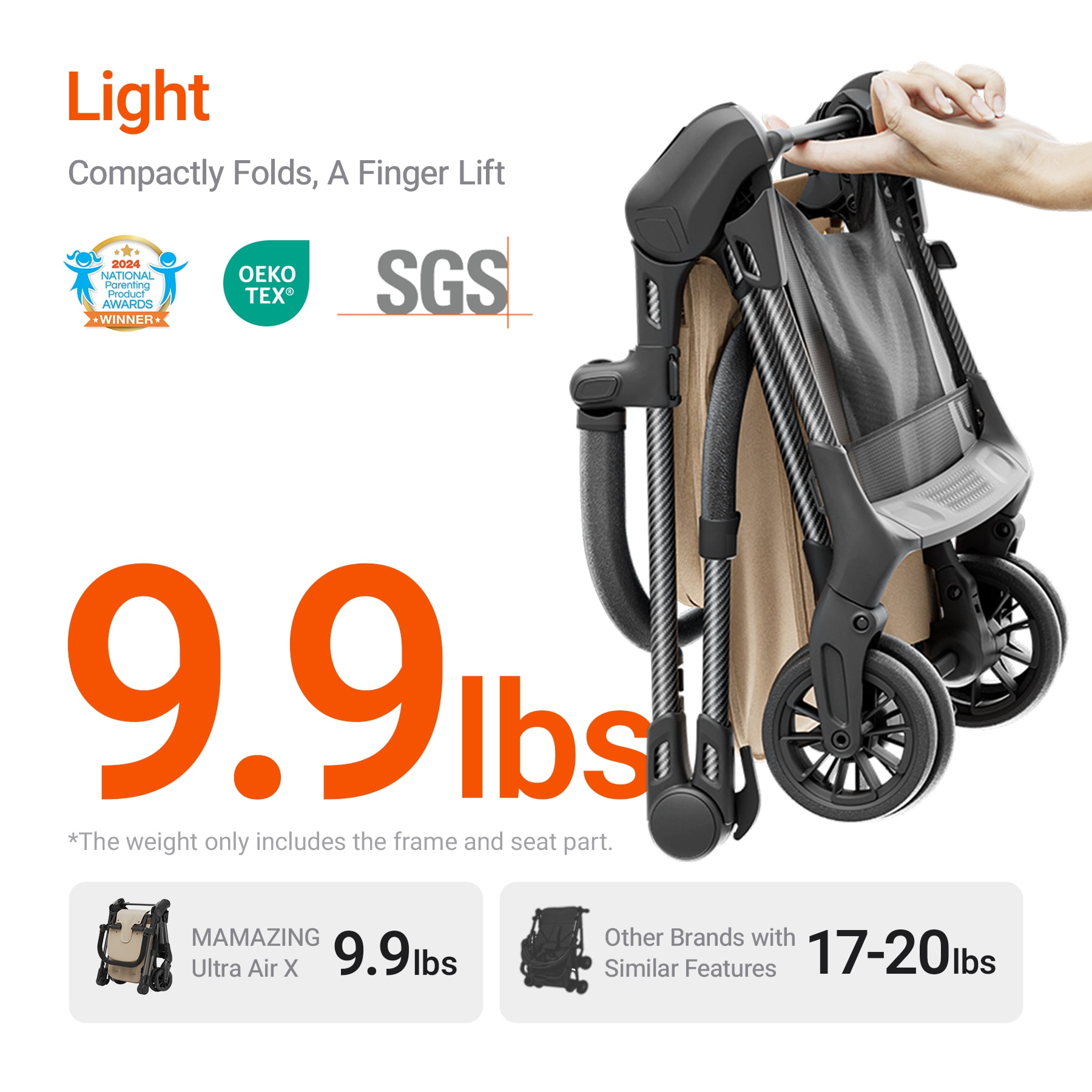 Mamazing Ultra Air X Lightweight Baby Stroller for Airplane Travel, 9.9 lbs, Ultra-Compact, Light & Strong, Age Group: Infant, Single, Brown