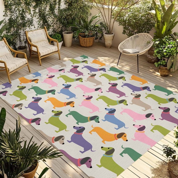 Colorful Dogs Outdoor Rug for Patio/Deck/Porch, Non-Slip Large Area Rug 5 x 7 Ft, Vintage Cartoon Animals Indoor Outdoor Rugs Washable Area Rugs, Reversible Camping Rug Carpet Runner