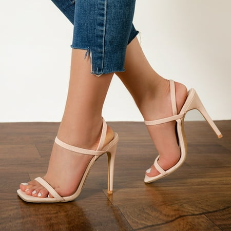 

Women‘s Fashion Solid Color Stiletto Heeled Ankle-strap Sandals Slingback Square Toe Faux Leather Sandals Women‘s Footwear