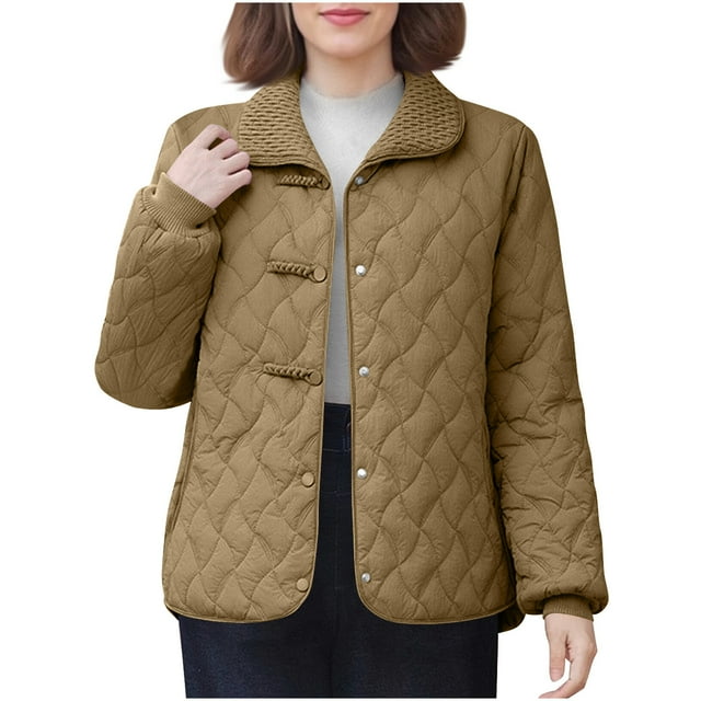 RXMEKW Quilted Collar Jacket for Women Windproof Loose Fit Coat for Spring Fall Winter Polyester in Khaki XXL