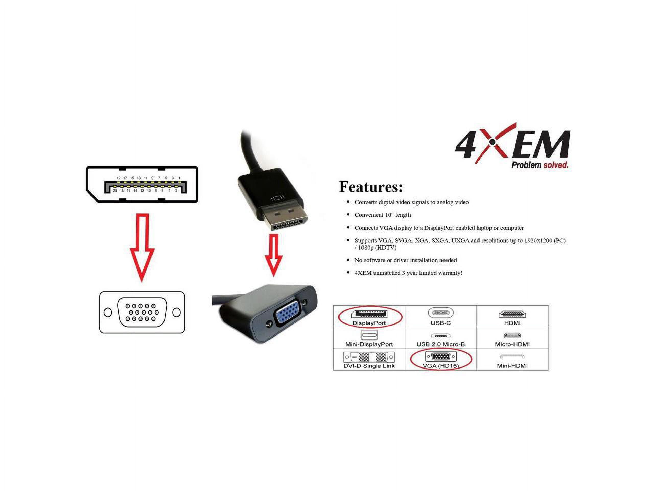 4XEM 10 Inch DisplayPort To VGA Adapter Cable 4XDPVGAS615AA