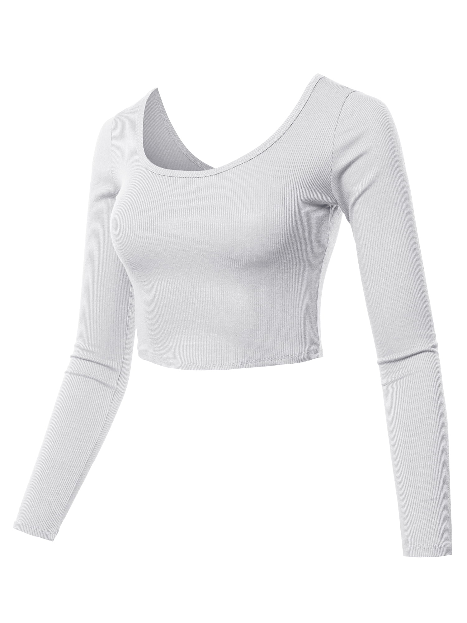 A2Y Women's Cropped Rib Lightweight Long Sleeve Double Scoop Neck Tops
