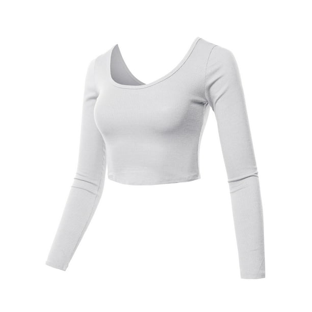 A2Y - A2Y Women's Cropped Rib Lightweight Long Sleeve Double Scoop Neck ...