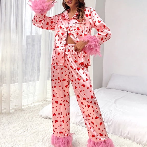 Satin Pajamas for Women 2 Piece Womens Valentines Day Pjs Long Sleeve Button-Down Sleepwear Loungewear Heart Print Pajamas for Women Set