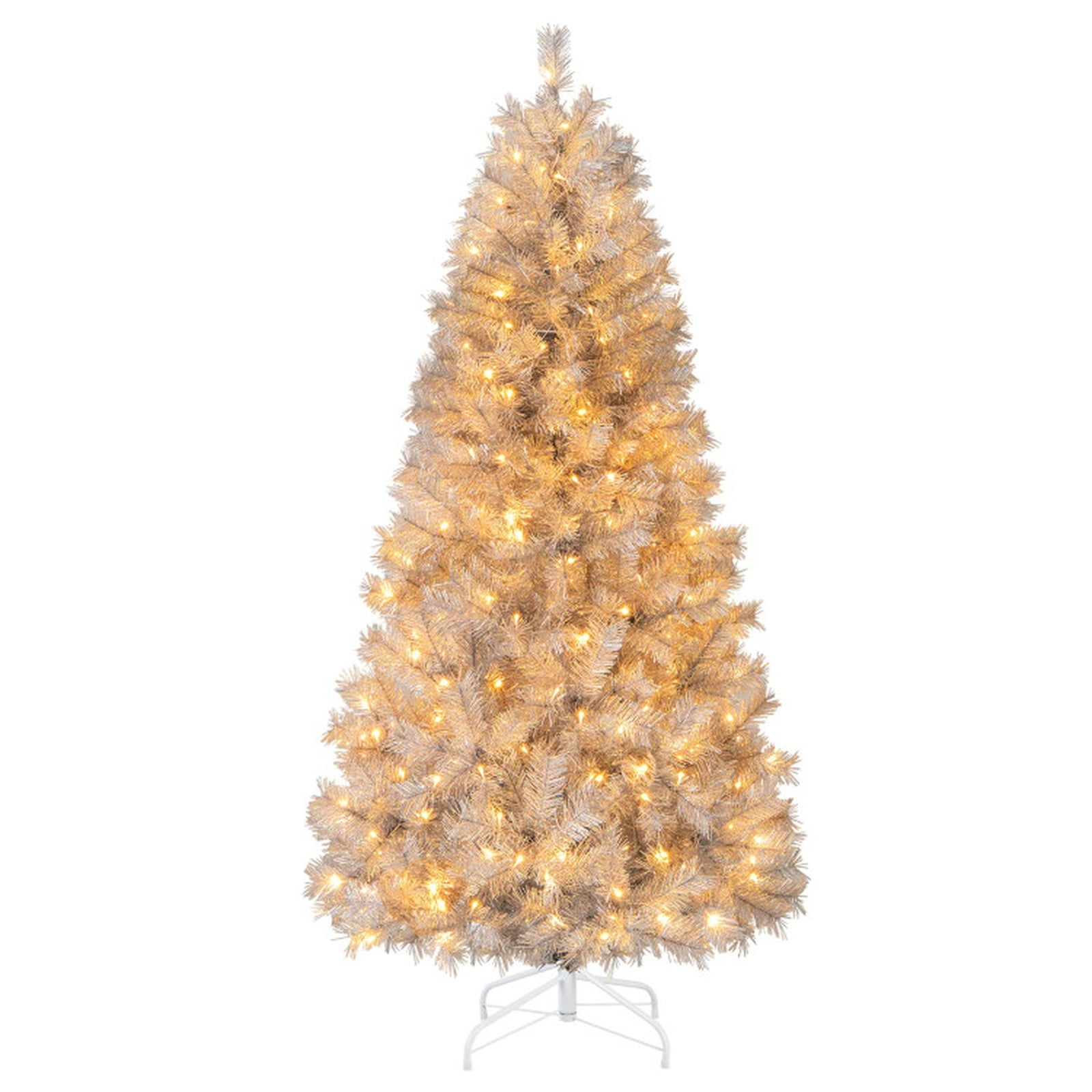 RUIE 6 ft Silver Tinsel Christmas Tree, Pre-Lit Artificial Xmas Tree with 230 LED Lights and 553 Branch Tips, Metallic Holiday Tree