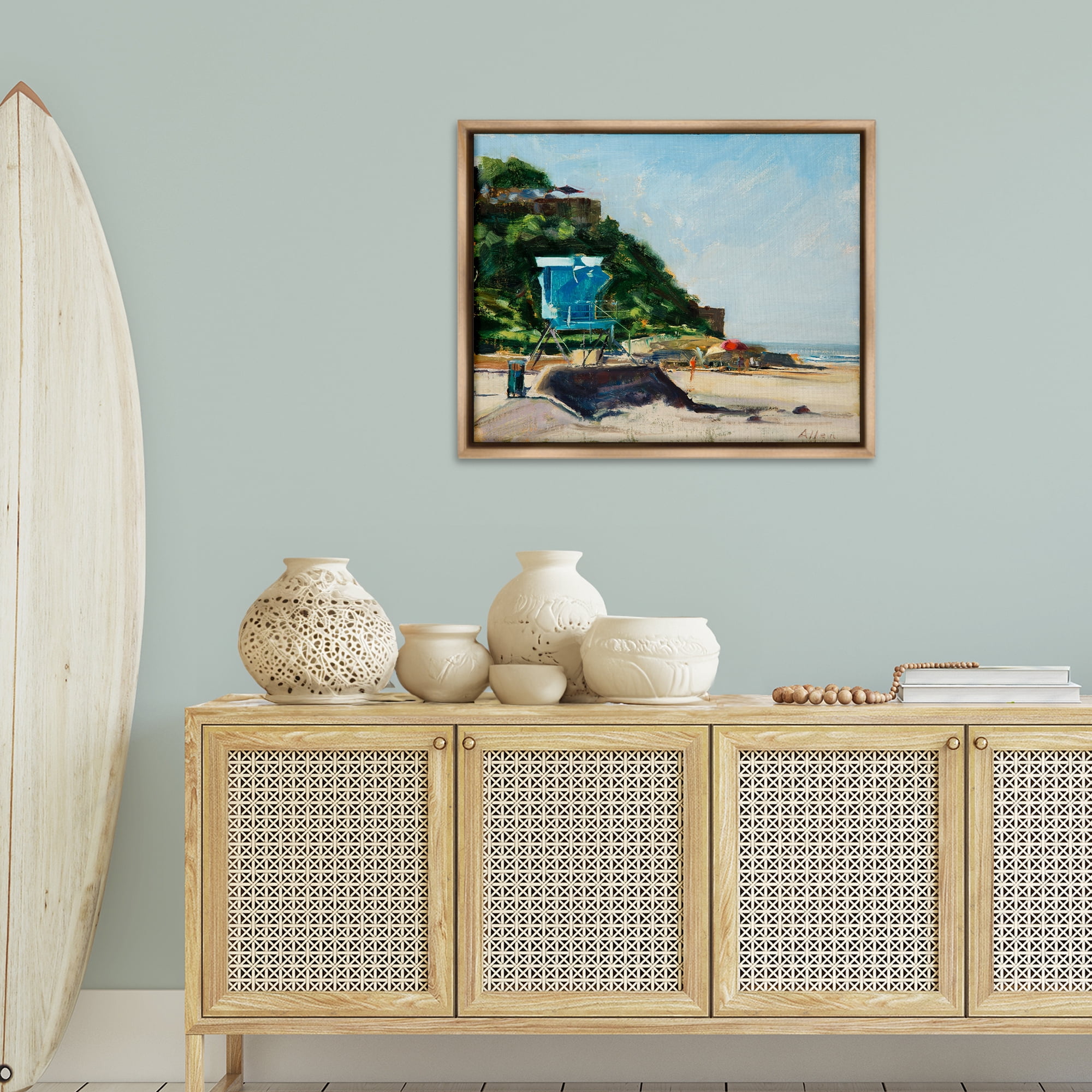 Stupell Industries Beach Guard Tower Landscape & Nature Painting Brown Floater Framed Canvas Art Print Wall Art, 31 x 25