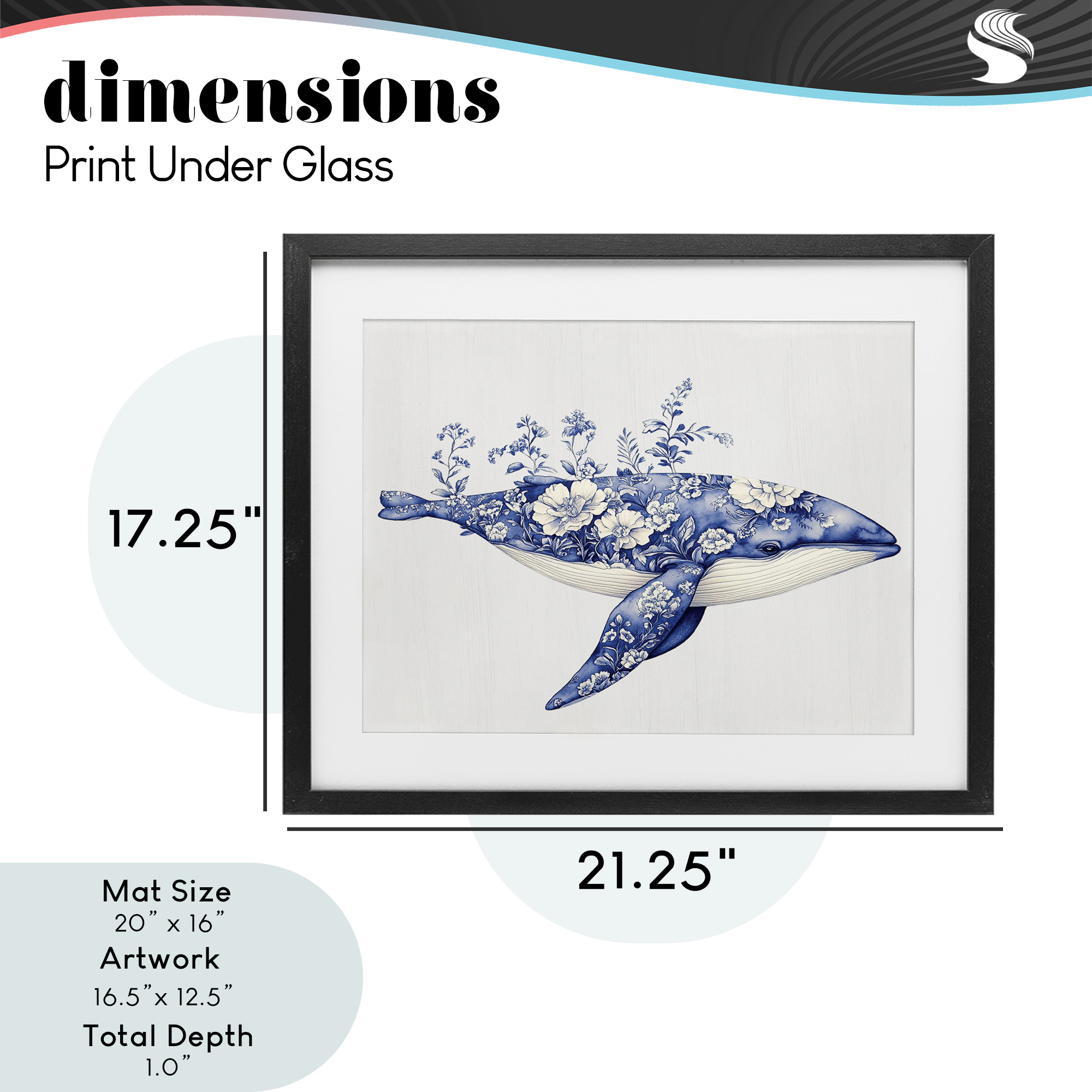 Blooming Toile Whale Black Framed Print Under Glass, design by Lettered and Lined