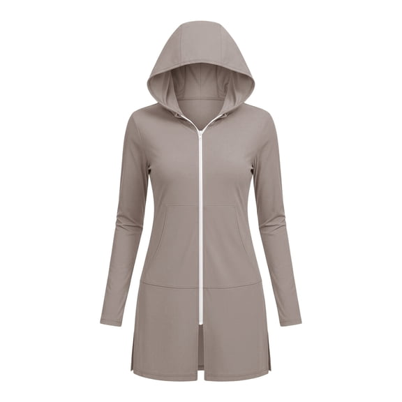 SuTry Sun Protection Jacket for Women UV Cover Up Full Zip Hooded with Side Pockets Split Hem Lightweight Breathable Beach Pool Vacation Jacket